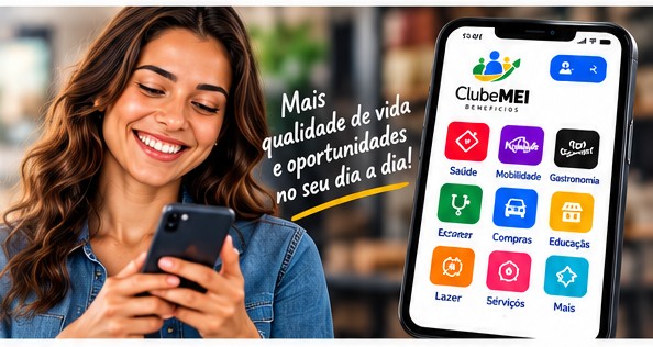 Mulher usando o celular ao lado do aplicativo ClubeMEI, recorte da arte original