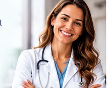 Médica sorrindo, recorte da arte de benefícios